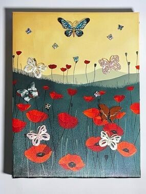 Butterfly & Poppy Field Wall Art - Red, Green, Yellow Hand Crafted